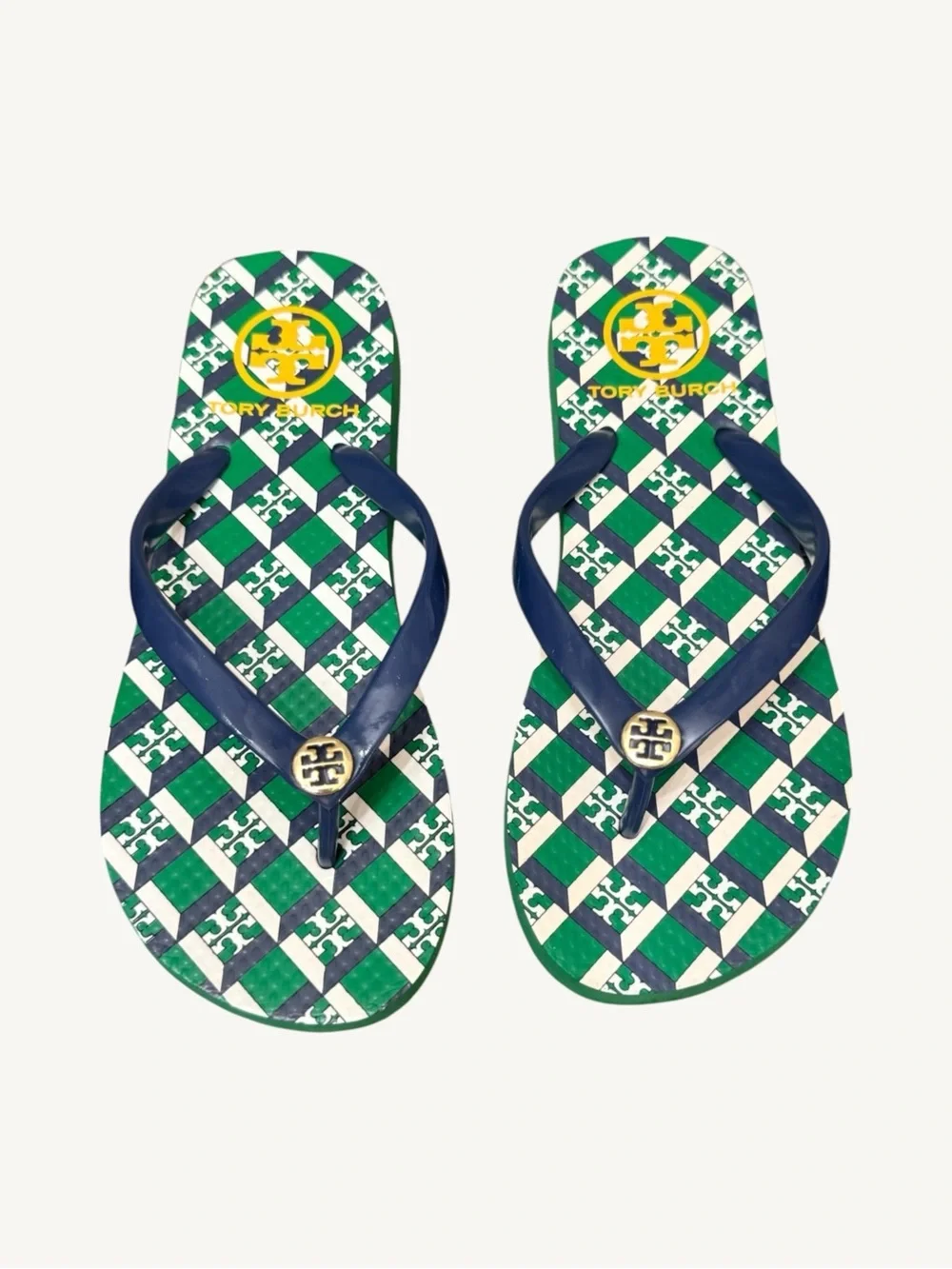 Tory Burch Green, Navy & White Check Logo Flip Flops Size 5 NWOT